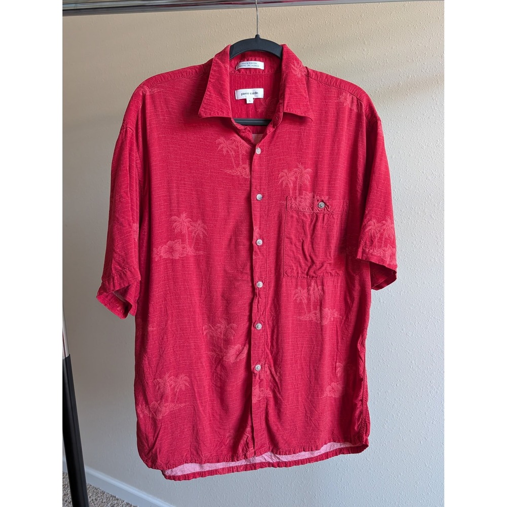 Pierre Cardin Mens Red Rayon Tropical Palm Tree Button Down Shirt Large
